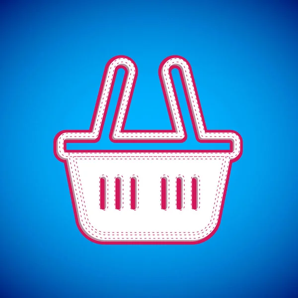 白色购物篮图标孤立在蓝色背景 网上购物的概念 送货服务标志 购物车的标志 — 图库矢量图片