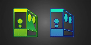 Siyah arkaplanda izole edilmiş yeşil ve mavi bilgisayar simgesi vakası. Bilgisayar sunucusu. İş istasyonu. Vektör.