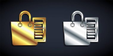 Altın ve gümüş alışveriş listesi simgesi siyah arka planda izole edildi. Uzun gölge tarzı. Vektör.