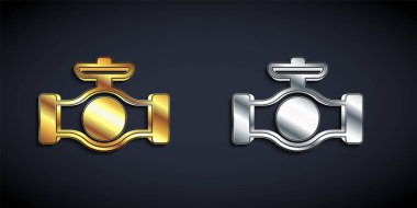 Gold and silver Oil pipe with valve icon isolated on black background. Long shadow style. Vector.