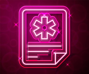 Kırmızı arka planda izole edilmiş klinik rekor simgesi olan parlak neon çizgisi tıbbi pano. Reçete, tıbbi kontrol işaretleri raporu. Vektör.