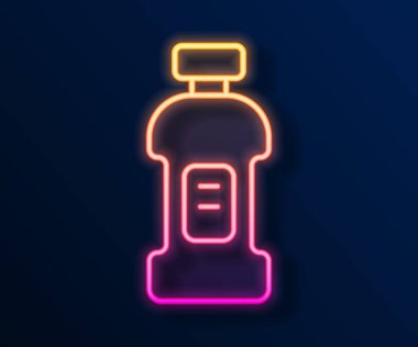 Parlak neon hattı. Çamaşır deterjanı, çamaşır suyu, bulaşık deterjanı ya da siyah arka planda izole edilmiş başka bir temizlik maddesi ikonu için plastik şişe. Vektör.