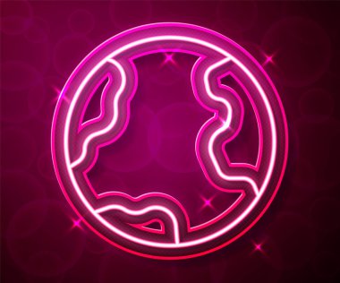 Parlayan neon hattı Dünya ikonu kırmızı arkaplanda izole edildi. Dünya ya da Dünya işareti. Küresel internet sembolü. Geometrik şekiller. Vektör.