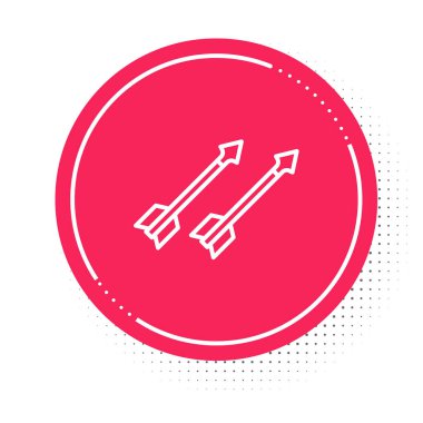 Beyaz çizgi Ortaçağ ok simgesi beyaz arkaplanda izole edildi. Ortaçağ silahı. Kırmızı daire düğmesi. Vektör.