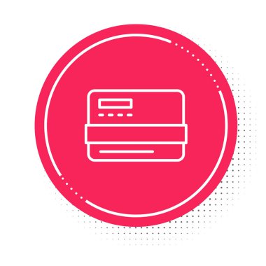 Beyaz çizgi kredi kartı simgesi beyaz arkaplanda izole edildi. Çevrimiçi ödeme. Nakit çekilmesi. Finansal operasyonlar. Alışveriş tabelası. Kırmızı daire düğmesi. Vektör.