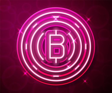 Parlayan neon hattı Kripto para birimi simgesi Bitcoin kırmızı arka planda izole edildi. Madeni para. Engelleme zinciri tabanlı şifreli para birimi. Vektör.