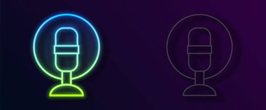 Parlayan neon hattı mikrofon simgesi siyah arkaplanda izole edildi. Radyodaki mikrofondan. Sözcü işareti. Vektör.