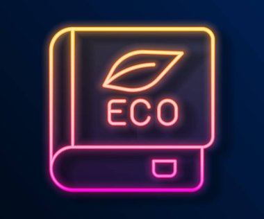 Siyah arka planda izole edilmiş ekoloji ikonu hakkında parlayan neon çizgisi kitabı. Biyoloji kitabı. Vektör.