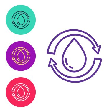 Beyaz arkaplanda izole edilmiş temiz su simgesini geri dönüştür. İşaret geri dönüşümlü bir damla su. Simgeleri renklendirin. Vektör.