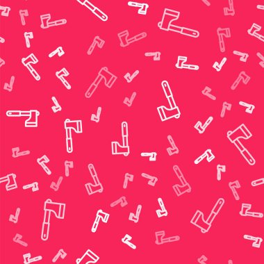 Beyaz çizgi tahta balta simgesi kırmızı arkaplanda izole edilmiş. Oduncu baltası. Vektör.