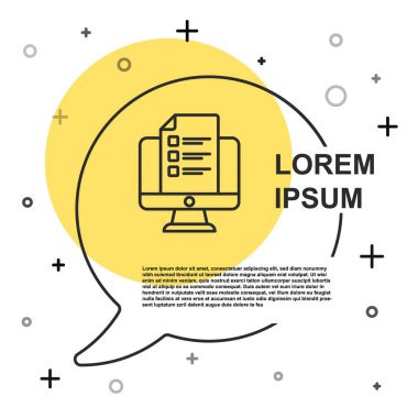 Siyah çizgi Çevrimiçi Sınav, Test, Araştırma veya Kontrol Listesi simgesi beyaz arkaplanda izole edildi. Sınav listesi. E-eğitim konsepti. Rastgele dinamik şekiller. Vektör.