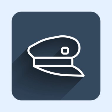 Beyaz çizgili, uzun gölgeli şapka ikonu. Mavi kare düğme. Vektör.