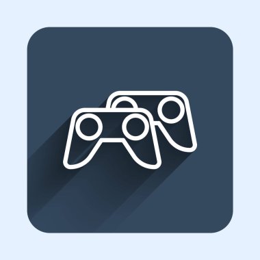 Oyun konsolu simgesi için uzun gölge arkaplanı ile izole edilmiş beyaz çizgi oyun denetleyici veya joystick. Mavi kare düğme. Vektör.