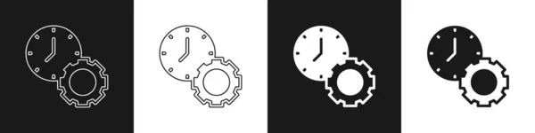 设置时间管理图标隔离在黑白背景 时钟和齿轮的标志 生产力的象征 — 图库矢量图片