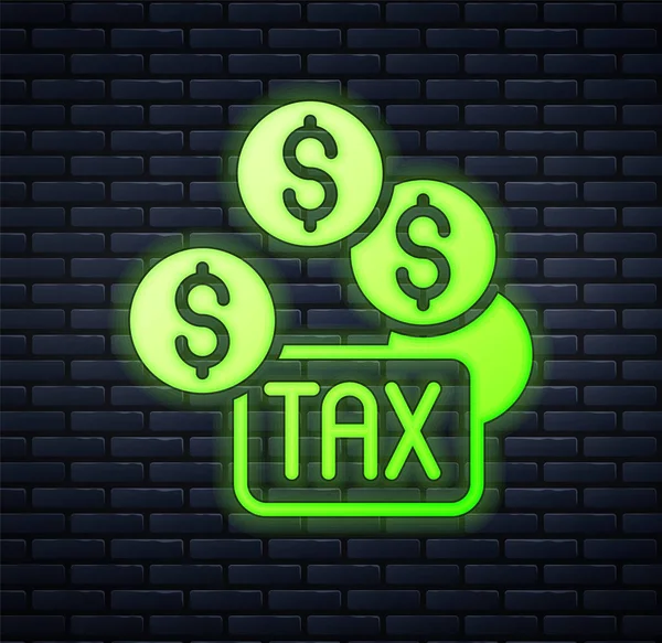 Świecący Neon Ikona Płatności Podatku Izolowane Tle Ściany Cegły Wektor — Wektor stockowy