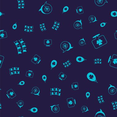 Karnaval çelengini bayraklı, folyo yapraklı ve balonlu yoncalı kusursuz desenli ayarla. Vektör.