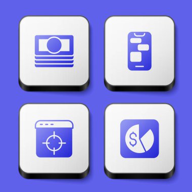 Stacks kağıt para nakit mobil 24 saat Hedef finansal hedef ve pazar analiz ikonu destekleyin. Beyaz kare düğme. Vektör.