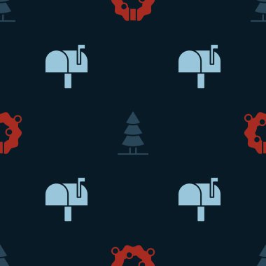 Noel çelengi ağacını ve posta kutusunu kusursuz desenlere ayarlayın. Vektör.