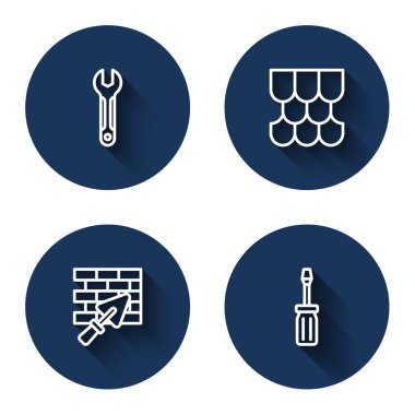 Halat anahtarı kiremitli tuğla duvar ve uzun gölgeli tornavida yerleştirin. Mavi daire düğmesi. Vektör.