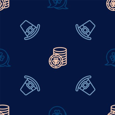 Yonca folyolu yaprak leprikon şapka ve altın leprikon sikkeyi pürüzsüz desen üzerine yerleştirin. Vektör.