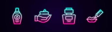 Şampuan şişesi, tıraş köpüğü, parfüm ve dudak parlatıcısı. Parlayan neon ikonu. Vektör.