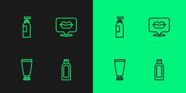 Şampuan kremi ya da losyon kozmetik tüpü ve gülen dudaklar ikonu. Vektör.