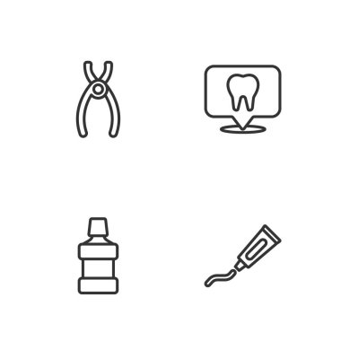 Diş macunu diş macunu diş macunu diş macunu pensesi ve klinik konum simgesini ayarla. Vektör.