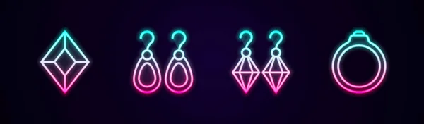 Set Line Edelstenen Oorbellen Diamanten Verloving Een Gloeiend Neon Icoon — Stockvector