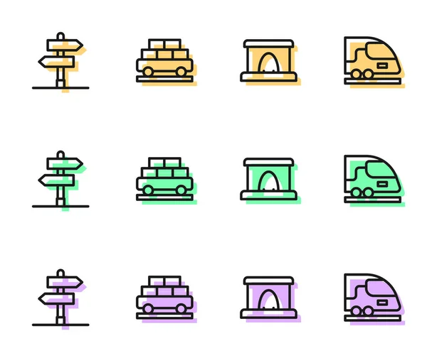 Установить Линию Железнодорожного Тоннеля Дорога Дорожного Знака Грузовой Вагон Поезда — стоковый вектор