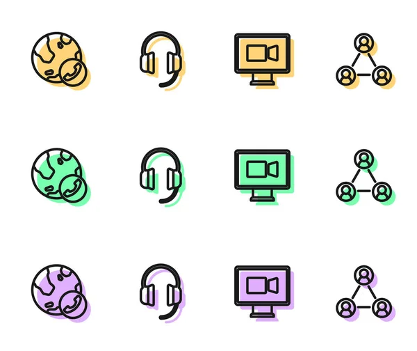 Set Line Video Chat Conference Headphones Meeting Icon Vector — Stock Vector