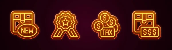 设定系列新的征收星号 用美元评定税金和项目价格标签 发光的霓虹灯图标 — 图库矢量图片