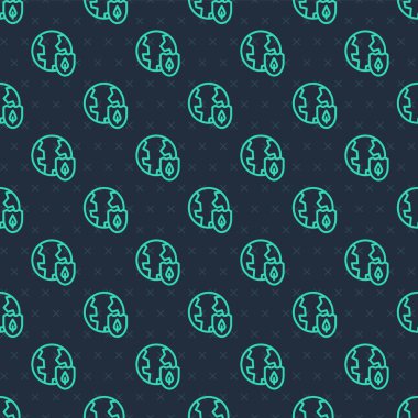 Yeşil çizgi Dünya ve kalkan ikonu mavi arka planda izole edilmiş pürüzsüz desen. Sigorta konsepti. Güvenlik, güvenlik, koruma, gizlilik kavramı. Vektör