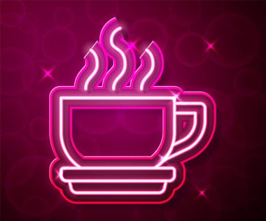 Parlayan neon hattı kahve fincanı simgesi kırmızı arkaplanda izole edilmiş. Çay fincanı. Sıcak içecek kahvesi. Vektör