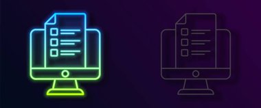 Parlayan neon hattı Siyah arkaplanda izole edilmiş test, inceleme ya da kontrol listesi simgesi. Sınav listesi. E-eğitim konsepti. Vektör