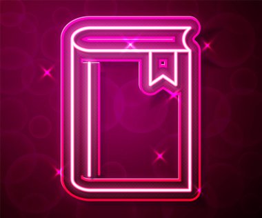 Parlayan neon çizgi Kitap simgesi kırmızı arkaplanda izole edildi. Vektör