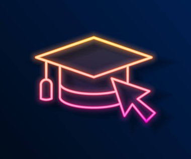 Siyah arkaplanda izole edilmiş imleç simgesiyle parlayan neon hattı mezuniyet başlığı. Dünya eğitim sembolü. Çevrimiçi öğrenme ya da e-öğrenme kavramı. Vektör