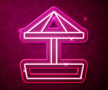 Kırmızı arka planda kum ve şemsiye simgesi olan çocuklar için parlak neon hat Sandbox. Vektör