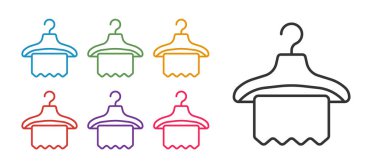 Beyaz arkaplanda Hanger elbise dolabı simgesini ayır. Vestiyer ikonu. Kıyafet servis sembolü. Çamaşır askı tabelası. Simgeleri renklendirin. Vektör