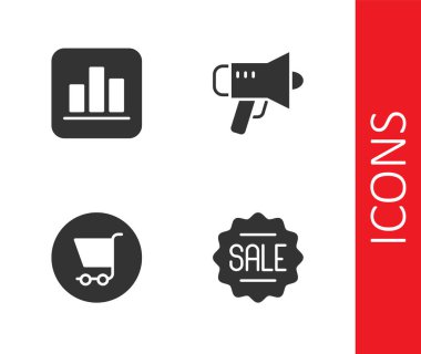 Fiyat etiketini Satış, Pasta grafiği, alışveriş arabası ve Megaphone simgesi ile ayarla. Vektör