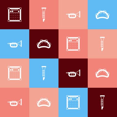 Pop Art Gitar Amplifikatörü, Klarnet, Trompet ve Tef ikonunu ayarla. Vektör