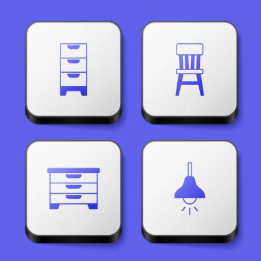 Çekmece, sandalye ve lamba asma ikonunu ayarla. Beyaz kare düğme. Vektör