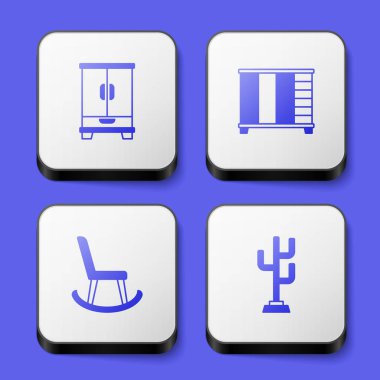 Gardırop, Armchair ve Coat stand ikonunu hazırla. Beyaz kare düğme. Vektör