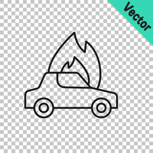 ブラックライン透明な背景に車のアイコンを燃焼 車が火事だ 火災や煙で覆われた壊れた自動車 ベクトル — ストックベクタ