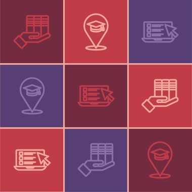 Satır Kitap bağışı, çevrimiçi sınav, test, araştırma ve eğitim ikonu ayarla. Vektör