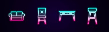 Koltuk, sandalye, ofis masası. Parlayan neon ikonu. Vektör