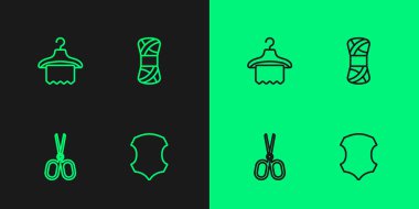 Deri, Makas, Askı Gardırobu ve İplik ikonu. Vektör