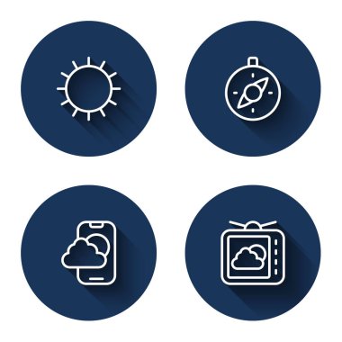 Güneş, pusula, hava tahmini uygulaması ve uzun gölgeyle ayarlayın. Mavi daire düğmesi. Vektör