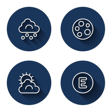 Hat, dolu bulutu, ay, güneş ve hava durumu ve uzun gölgeli pusula. Mavi daire düğmesi. Vektör