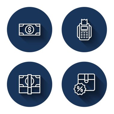 Hat Stacks kağıt para, POS terminali ve uzun gölgeli indirimli karton kutu. Mavi daire düğmesi. Vektör