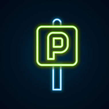 Parlayan neon çizgisi park simgesi siyah arkaplanda izole edildi. Sokak tabelası. Renkli taslak konsepti. Vektör